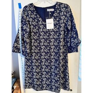 Belongsci Women's Dress‎ V-Neck 3/4 Sleeve Casual Zip Up Blue Floral Small Navy